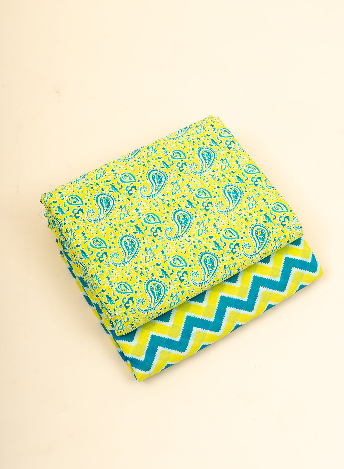 Pure Cotton Cambric Mix And Match Neo Green Color Block Print Fabric.