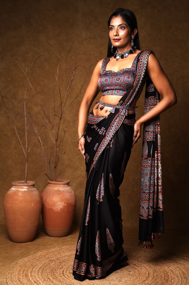 Black Pine Ajrakh Modal Silk Saree