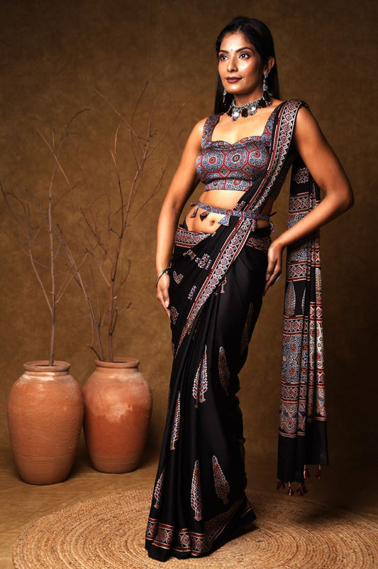 Black Pine Ajrakh Modal Silk Saree