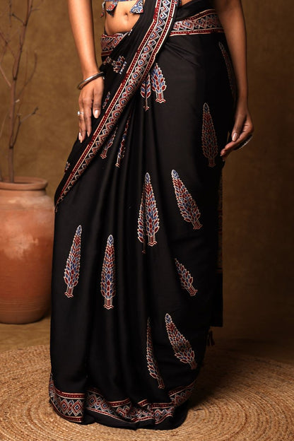 Black Pine Ajrakh Modal Silk Saree