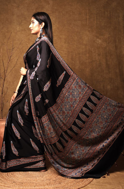 Black Pine Ajrakh Modal Silk Saree