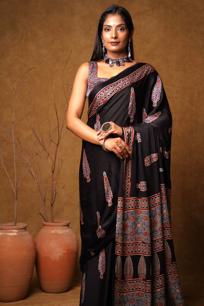 Black Pine Ajrakh Modal Silk Saree