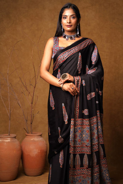 Black Pine Ajrakh Modal Silk Saree