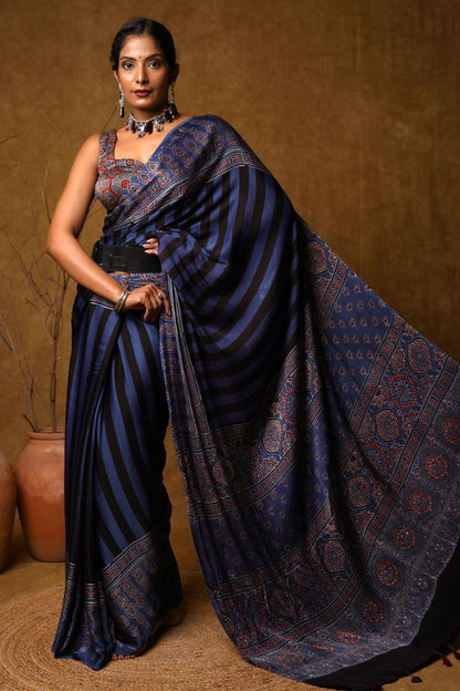 Blue Black Stria Ajrakh Modal Silk Saree