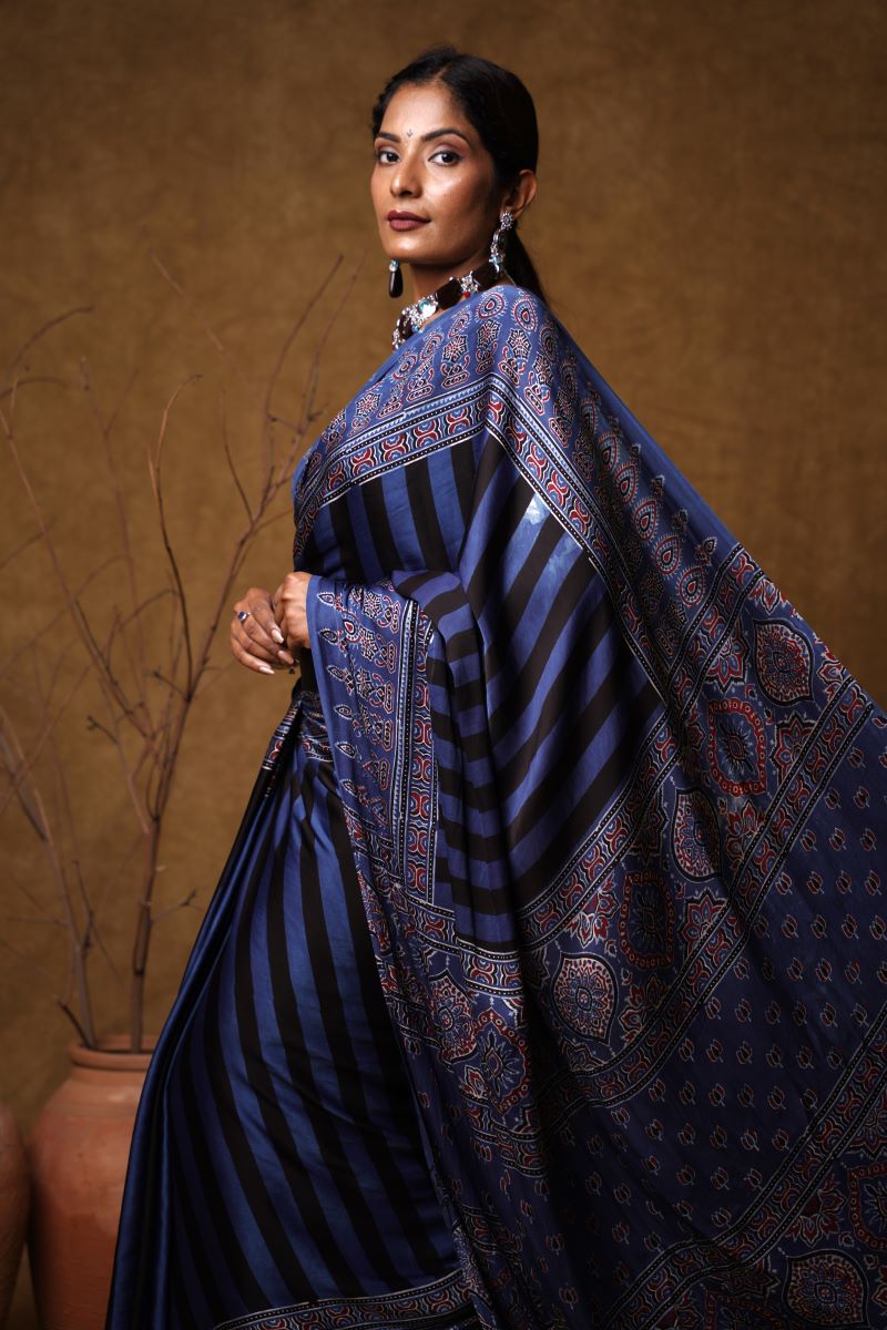 Blue Black Stria Ajrakh Modal Silk Saree