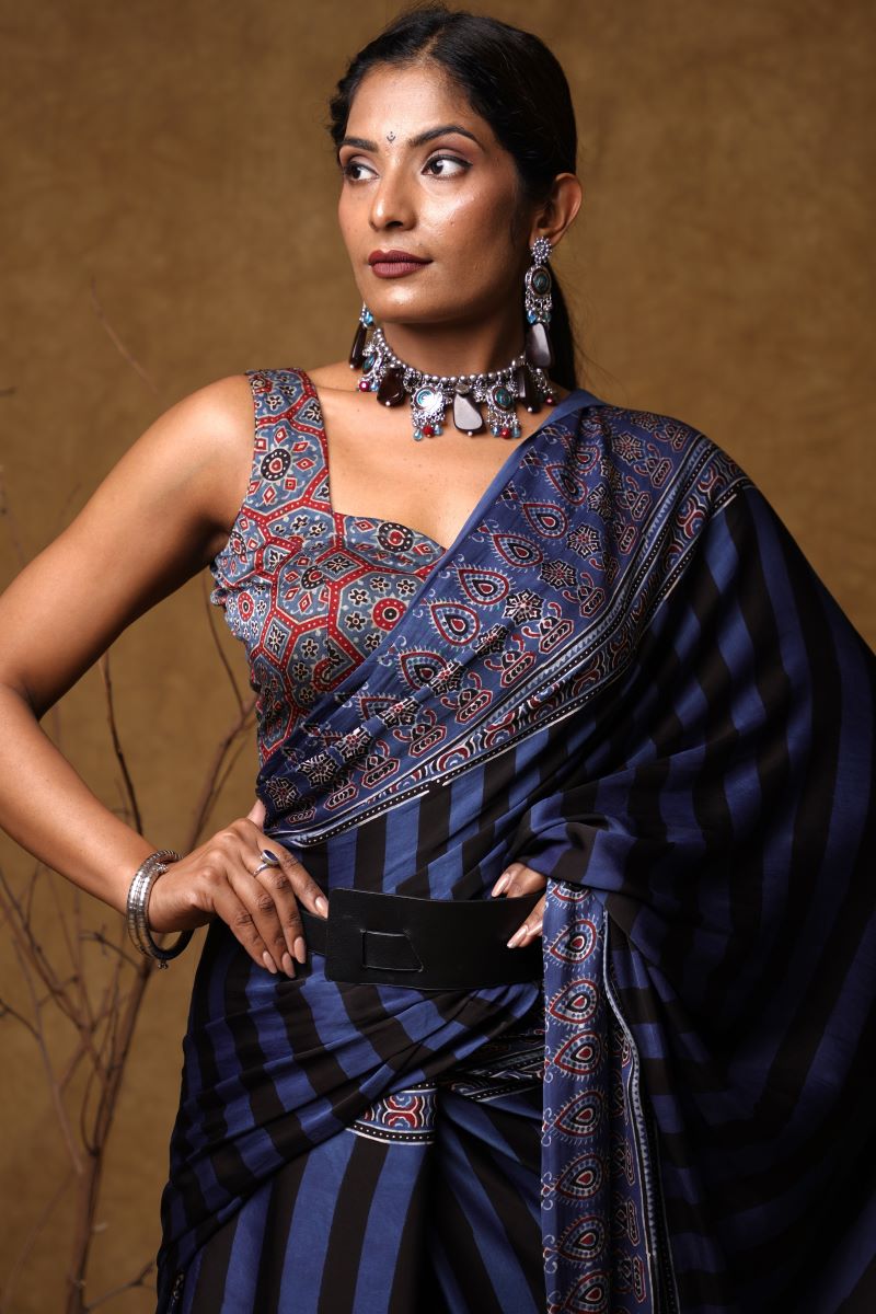 Blue Black Stria Ajrakh Modal Silk Saree