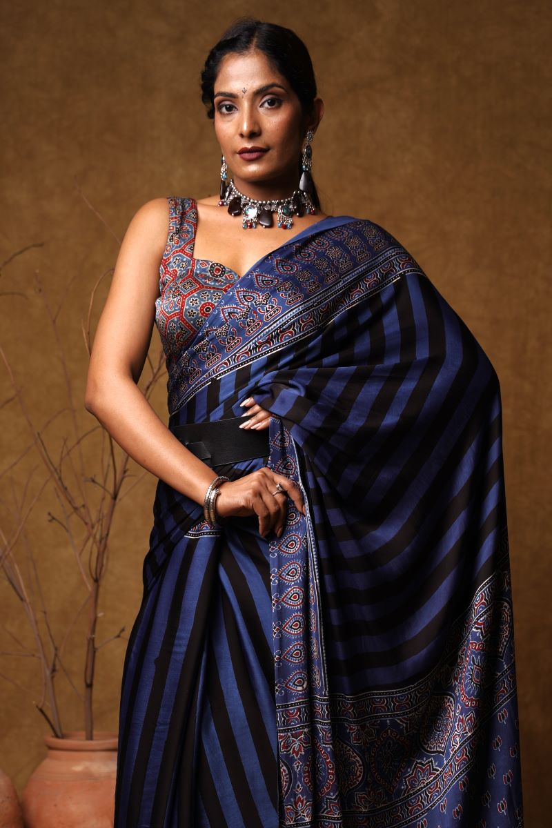 Blue Black Stria Ajrakh Modal Silk Saree