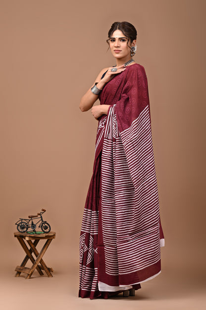 Printed Pure Cotton Mulmul Saree With Blouse