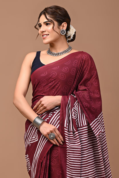 Printed Pure Cotton Mulmul Saree With Blouse