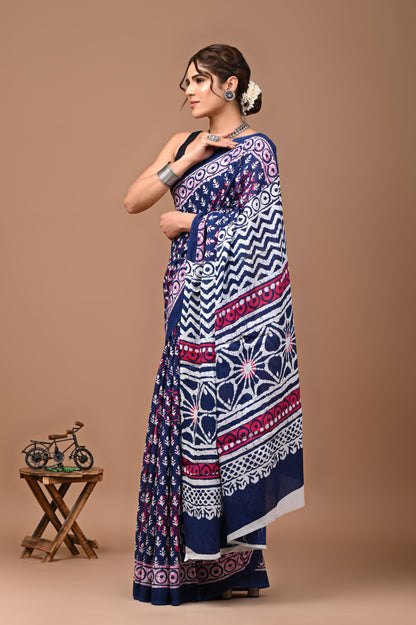 Printed Pure Cotton Mulmul Saree With Blouse