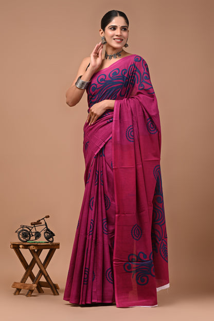 Printed Pure Cotton Mulmul Saree With Blouse