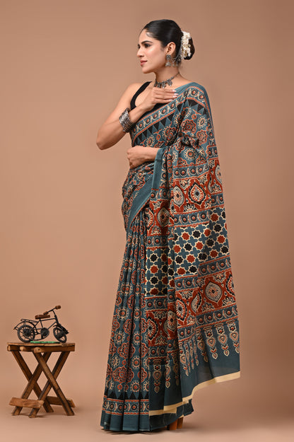Printed Pure Cotton Mulmul Saree With Blouse
