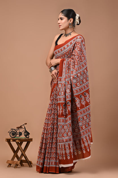 Printed Pure Cotton Mulmul Saree With Blouse