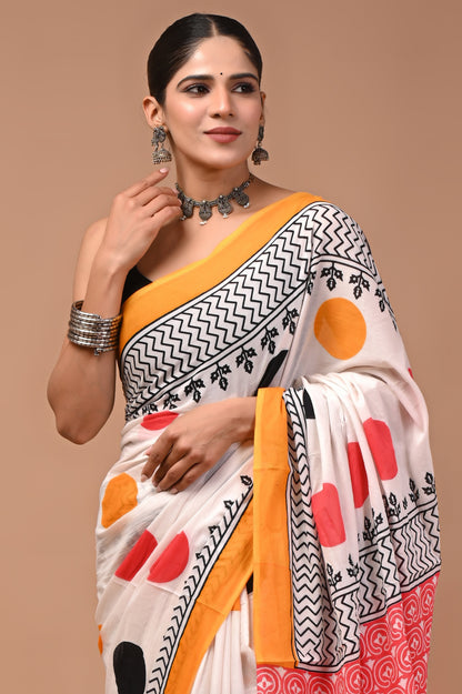 Printed Pure Cotton Mulmul Saree With Blouse