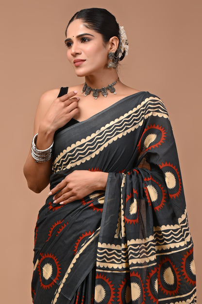 Printed Pure Cotton Mulmul Saree With Blouse