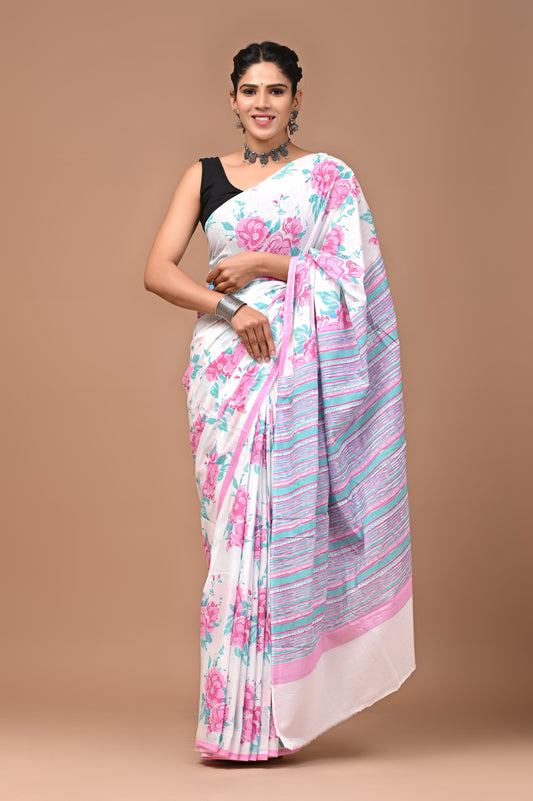 Exclusive Printed Pure Cotton Mulmul Saree With Blouse