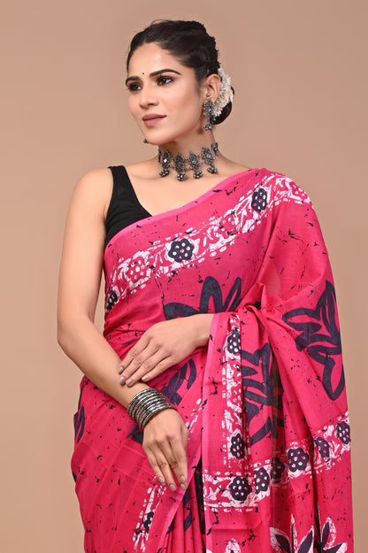 Printed Pure Cotton Mulmul Saree With Blouse