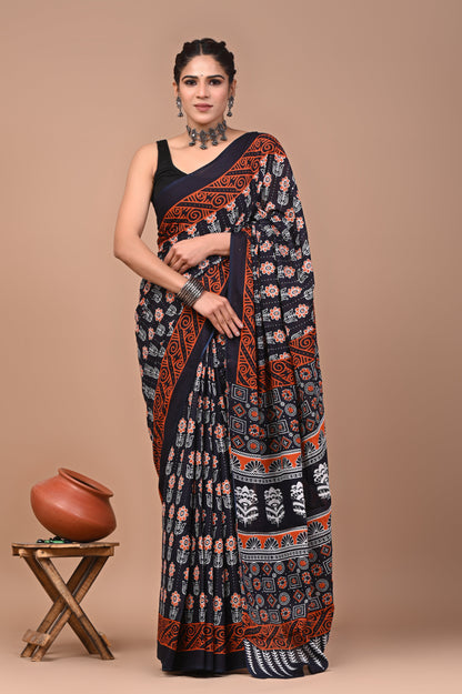 Printed Pure Cotton Mulmul Saree With Blouse