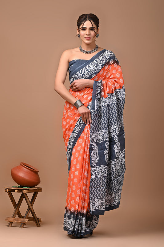 Jaipuri Printed Pure Cotton Mulmul Saree With Blouse