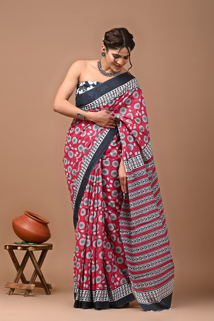 Jaipuri Printed Pure Cotton Mulmul Saree With Blouse