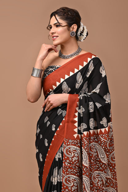 Jaipuri Printed Pure Cotton Mulmul Saree With Blouse