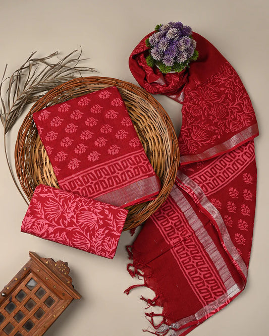 Red Golden Print Linen Cotton Suit Set