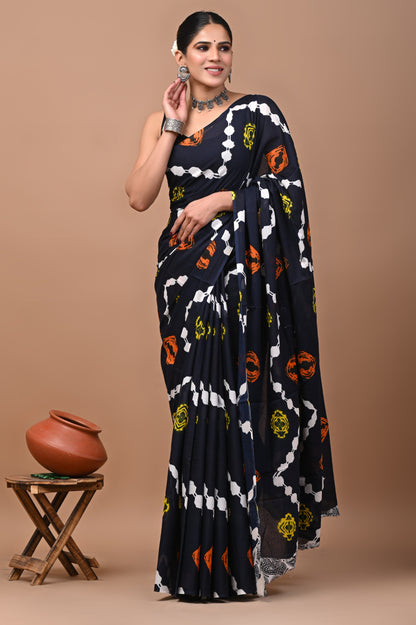 Jaipuri Printed Pure Cotton Mulmul Saree With Blouse