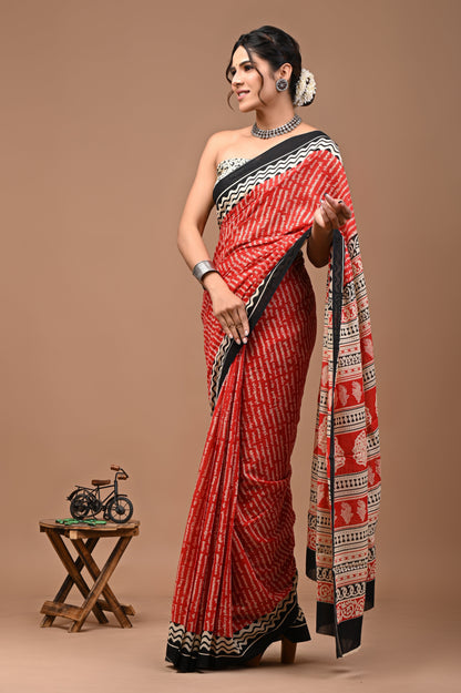 Printed Pure Cotton Mulmul Saree With Blouse