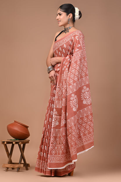Printed Pure Cotton Mulmul Saree With Blouse