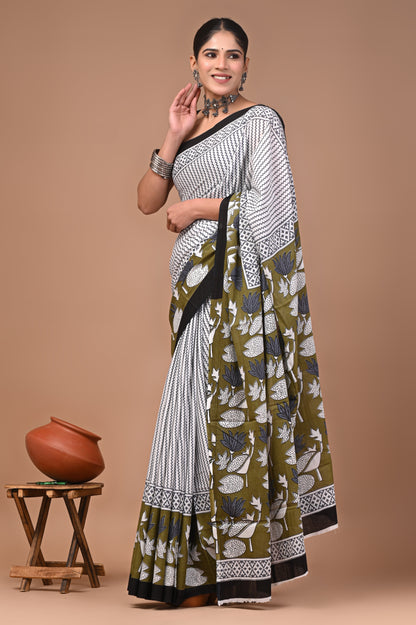 Printed Pure Cotton Mulmul Saree With Blouse