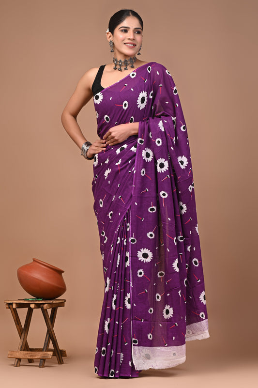 Printed Pure Cotton Mulmul Saree With Blouse