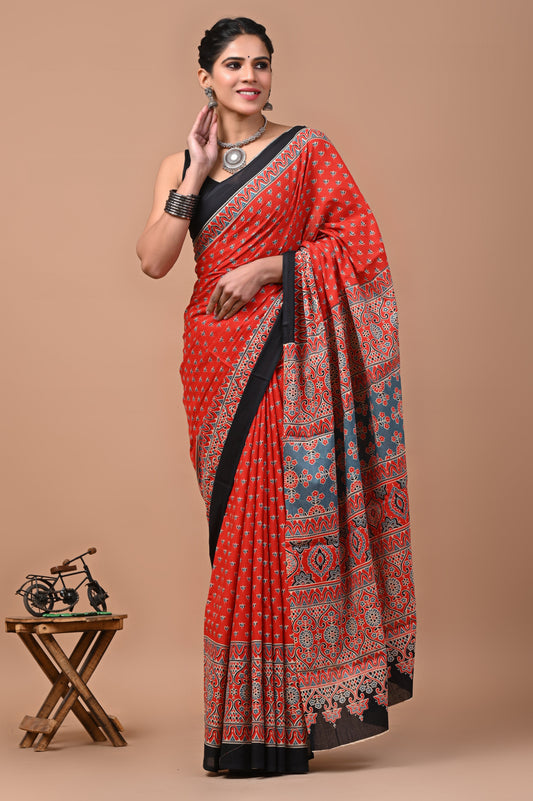 Printed Pure Cotton Mulmul Saree With Blouse