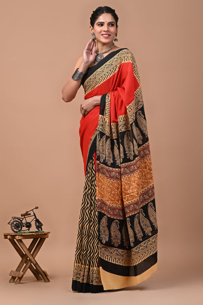 Printed Pure Cotton Mulmul Saree With Blouse