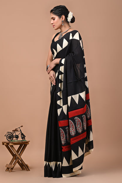 Printed Pure Cotton Mulmul Saree With Blouse