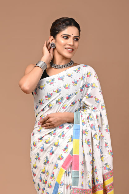 Exclusive Printed Pure Cotton Mulmul Saree With Blouse