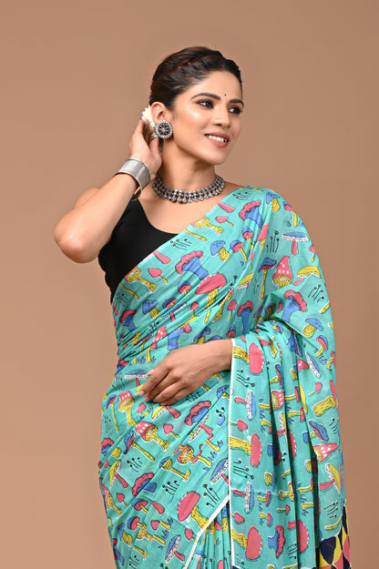 Exclusive Printed Pure Cotton Mulmul Saree With Blouse