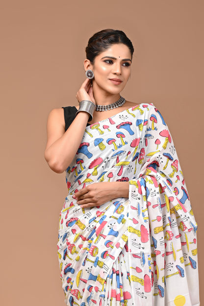 Exclusive Printed Pure Cotton Mulmul Saree With Blouse