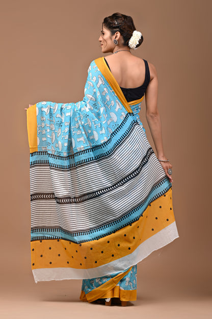 Exclusive Printed Pure Cotton Mulmul Saree With Blouse