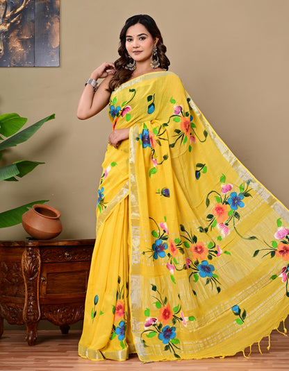 Block Printed Cotton linen Saree With Unstiched Blouse
