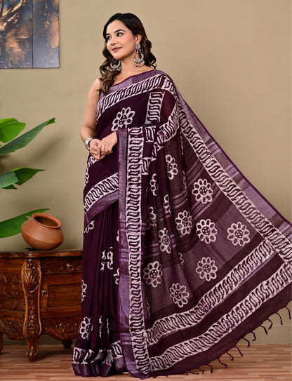 Block Printed Cotton linen Saree With Unstiched Blouse