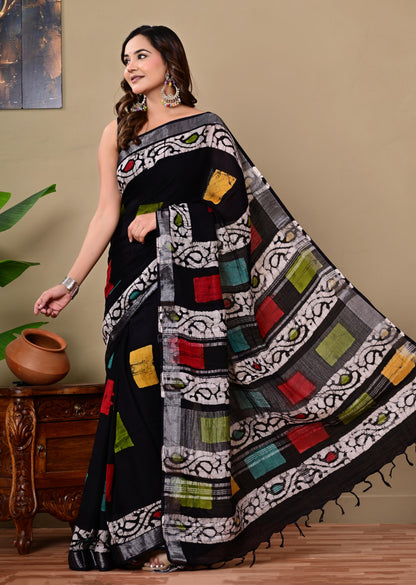 Block Printed Cotton linen Saree With Unstiched Blouse