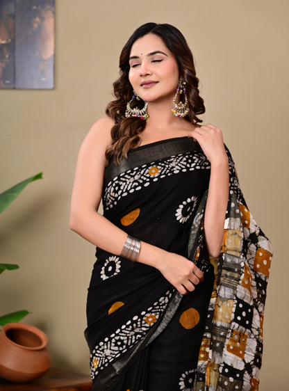 Block Printed Cotton linen Saree With Unstiched Blouse