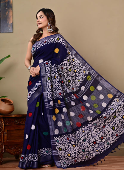 Block Printed Cotton linen Saree With Unstiched Blouse
