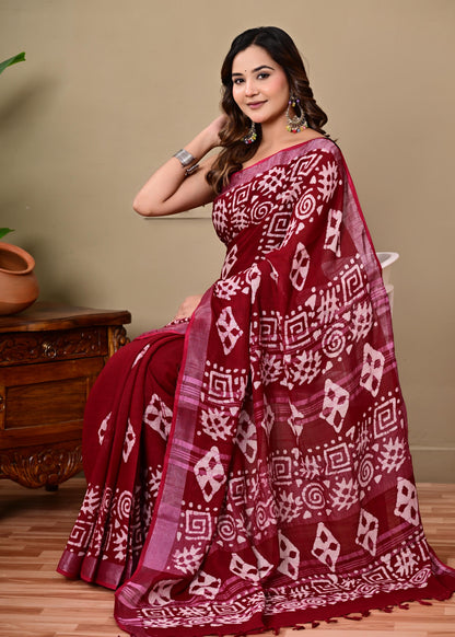 Block Printed Cotton linen Saree With Unstiched Blouse