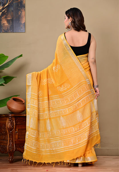 Block Printed Cotton linen Saree With Unstiched Blouse