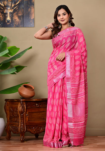 Block Printed Cotton linen Saree With Unstiched Blouse