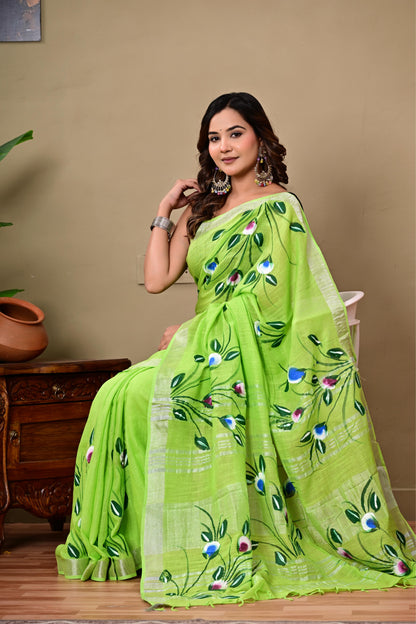 Block Printed Cotton linen Saree With Unstiched Blouse