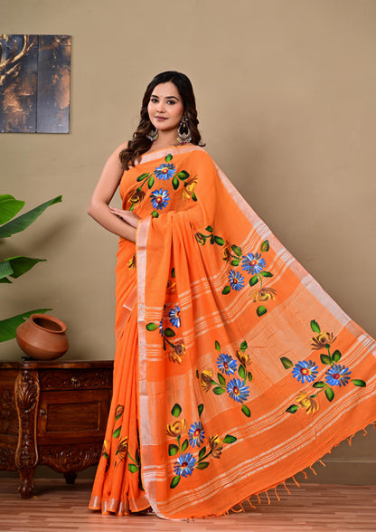 Block Printed Cotton linen Saree With Unstiched Blouse