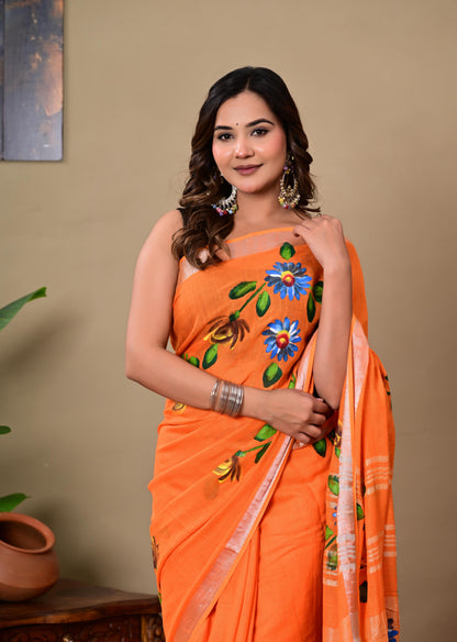 Block Printed Cotton linen Saree With Unstiched Blouse