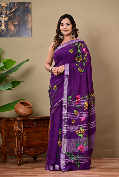 Block Printed Cotton linen Saree With Unstiched Blouse